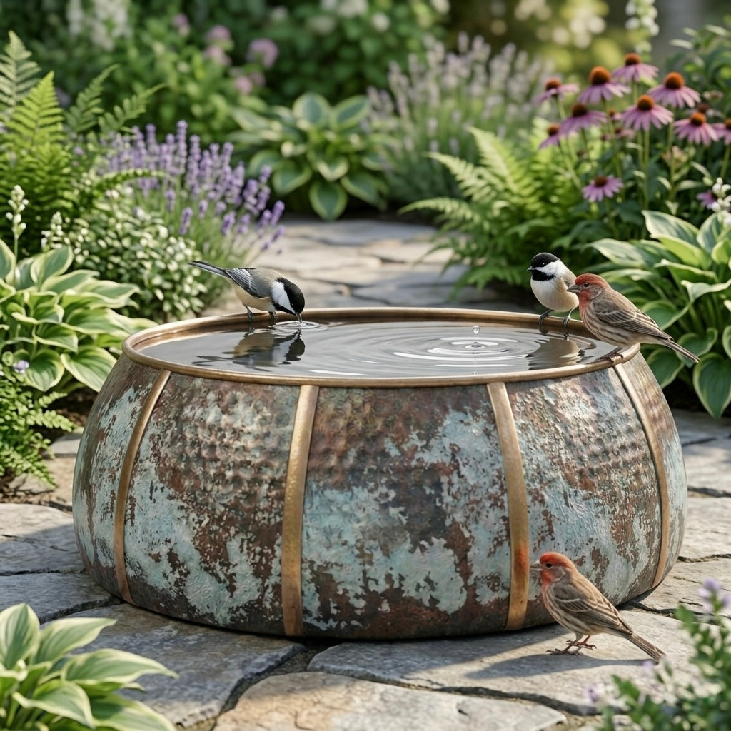 Handcrafted Moroccan Copper Bird Bath – Rustic Antique Verdigris Garden Basin