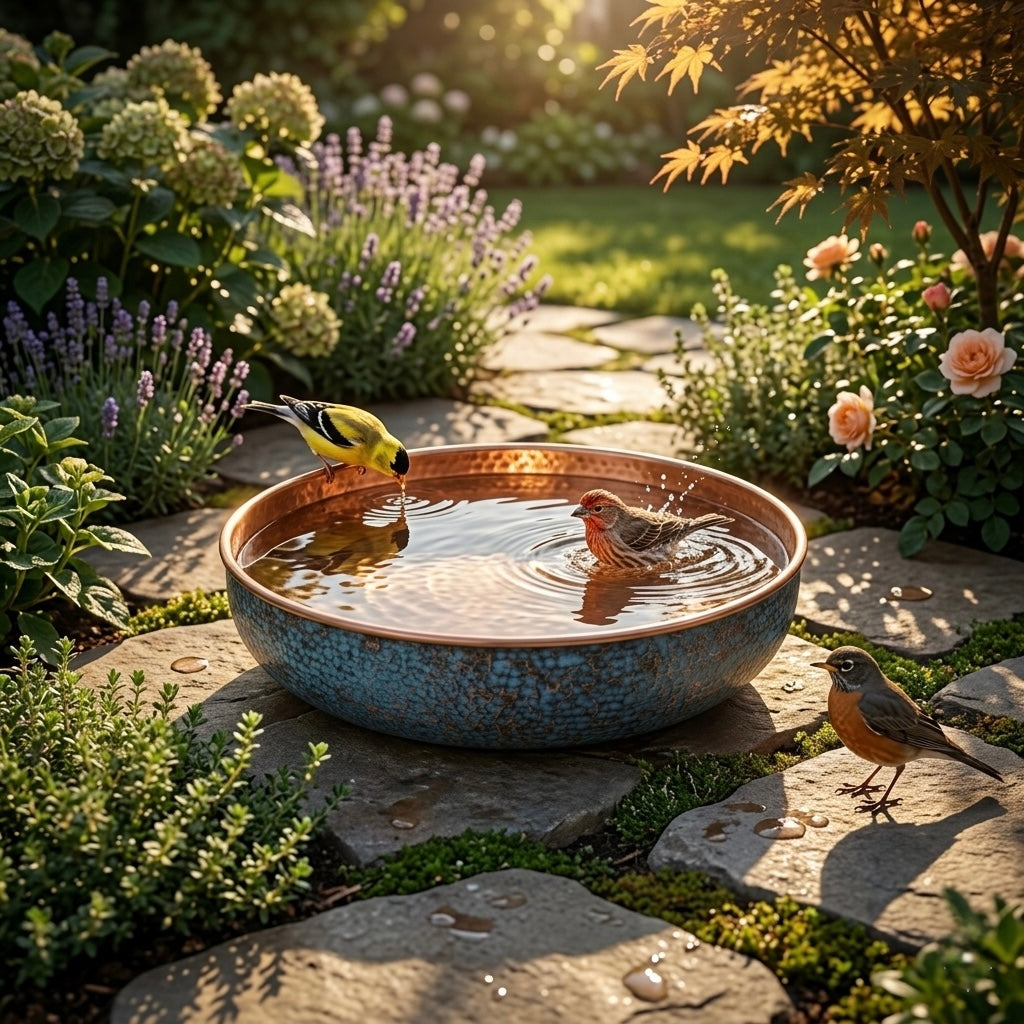 Handcrafted Hammered Copper Bird Bath – Authentic Moroccan Blue Patina Garden Basin