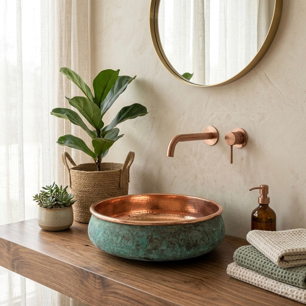 Handcrafted Verdigris Copper Vessel Sink – Authentic Moroccan Dual-Tone Washbasin
