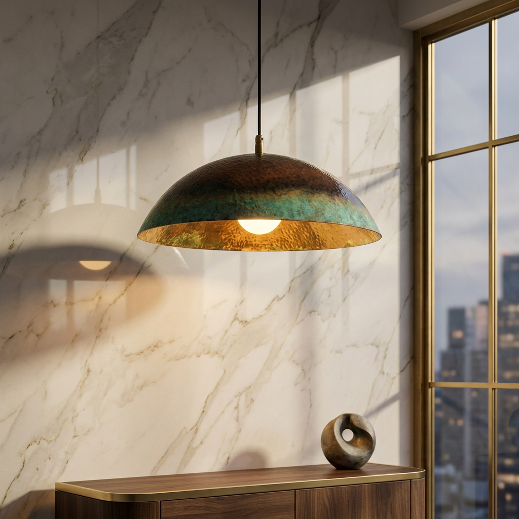 Hammered Copper Dome Pendant Light - Handcrafted Verdigris Lamp
