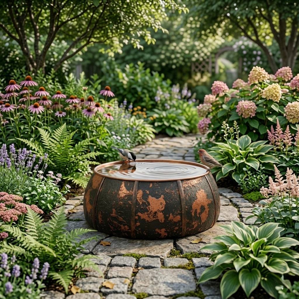 Handcrafted Moroccan Dark Patina Copper Bird Bath – Rustic Ribbed Garden Bird Bath