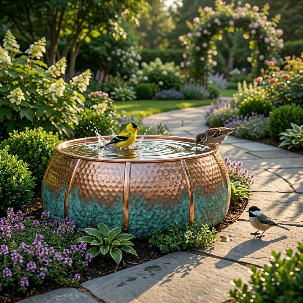 Authentic Handcrafted Moroccan Two-Tone Copper Bird Bath – Hammered Garden Basin
