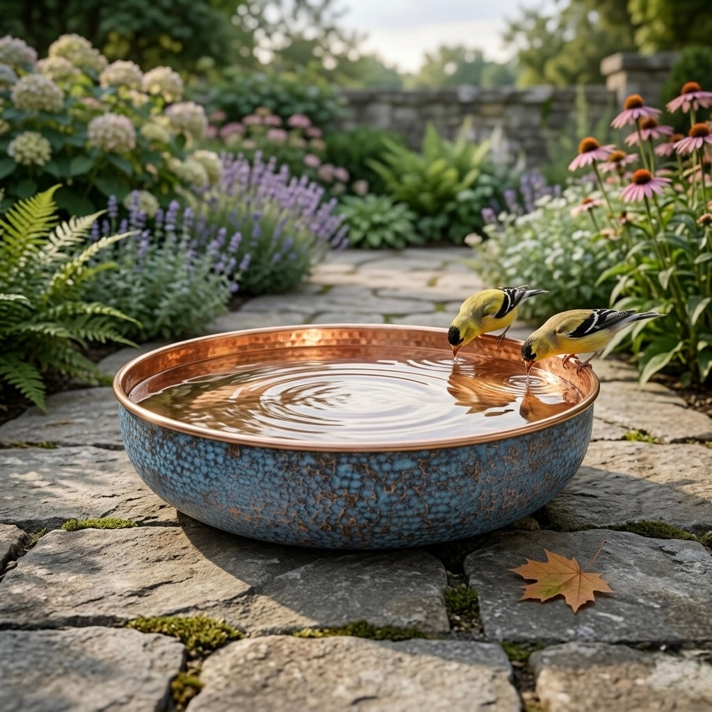Handcrafted Hammered Copper Bird Bath – Authentic Moroccan Blue Patina Garden Basin