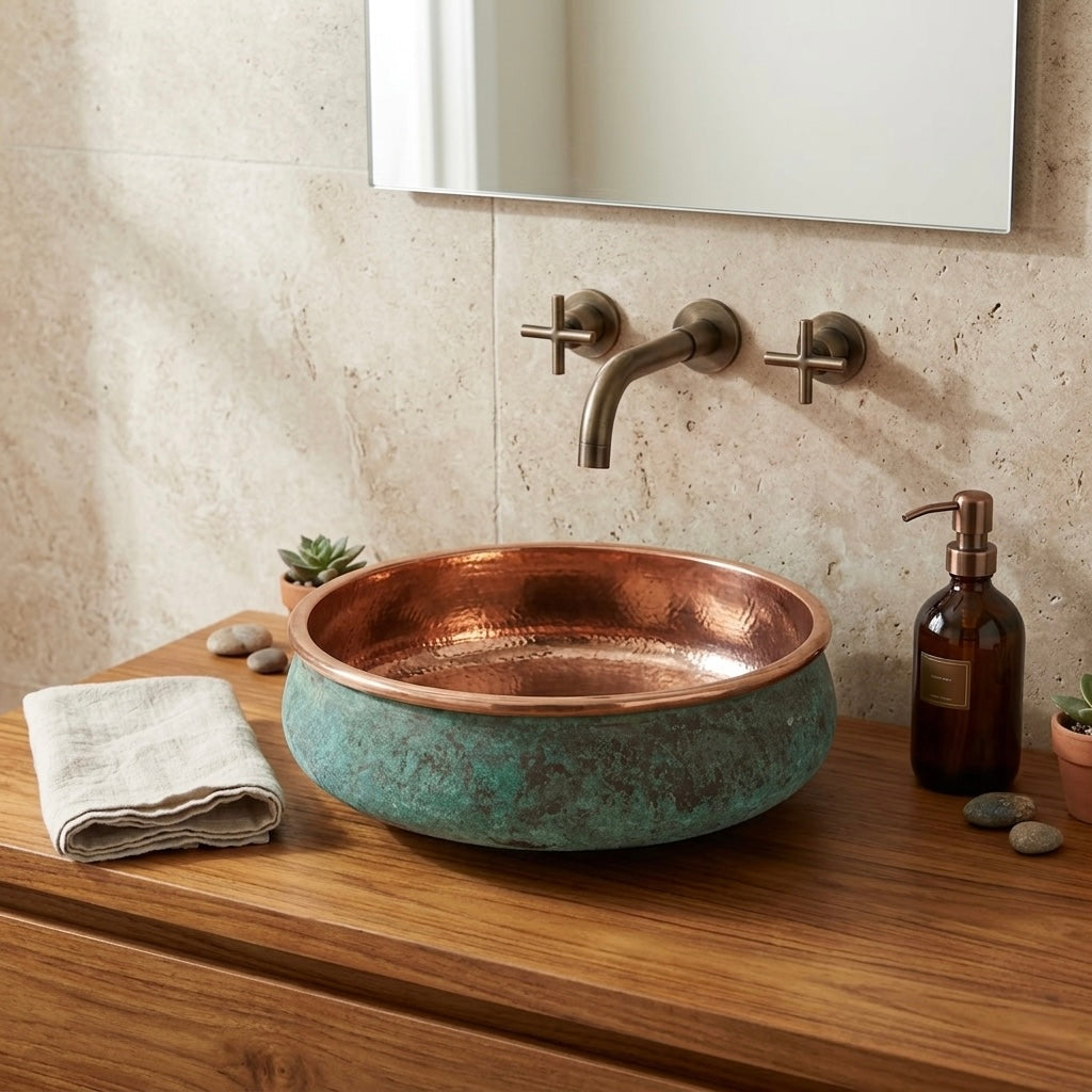 Handcrafted Verdigris Copper Vessel Sink – Authentic Moroccan Dual-Tone Washbasin