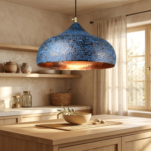 Blue Patina Copper Pendant Light - Handcrafted Moroccan Dome