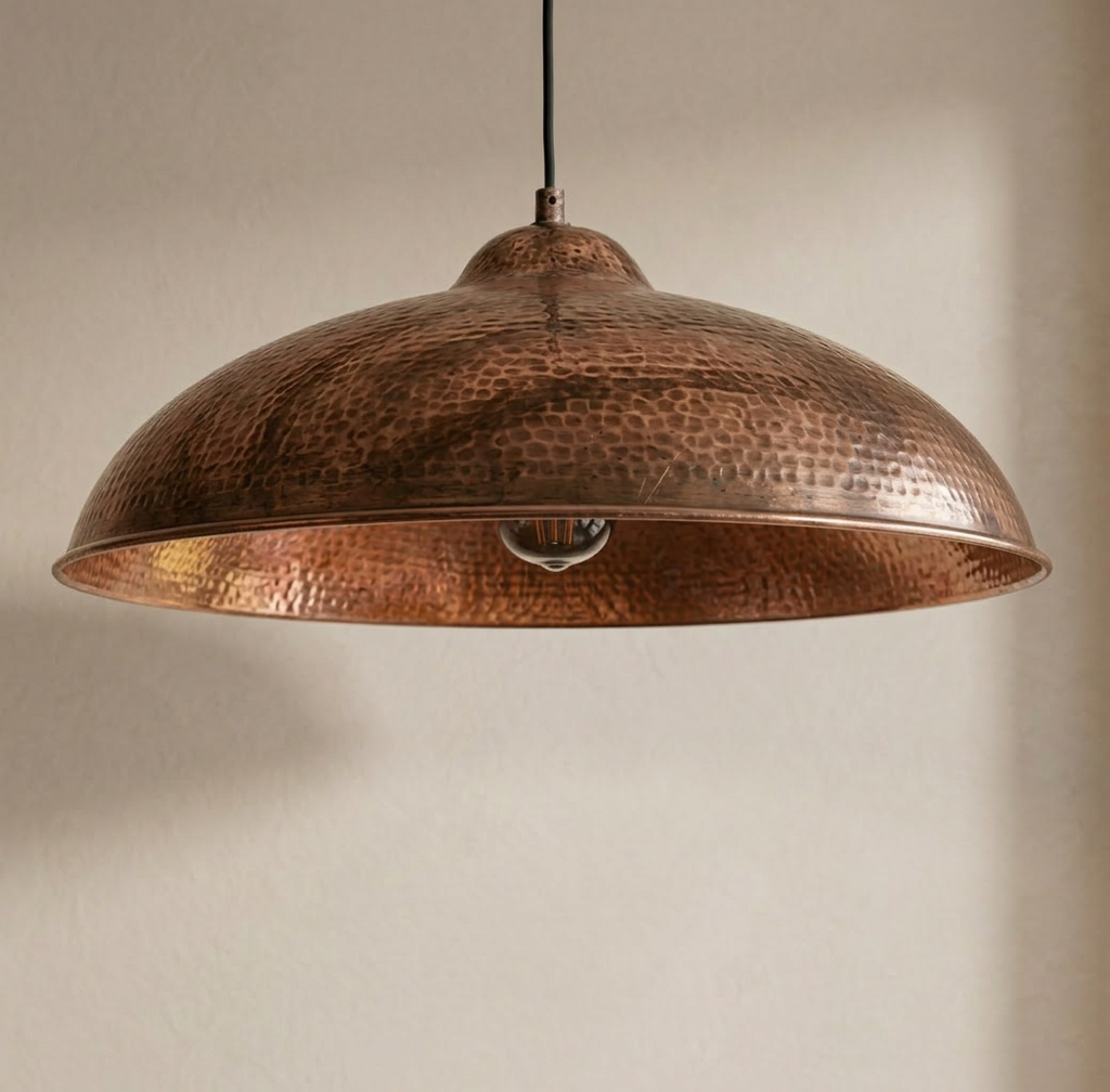 Hammered Copper Flat Pendant Light - Large Artisan Dome Fixture
