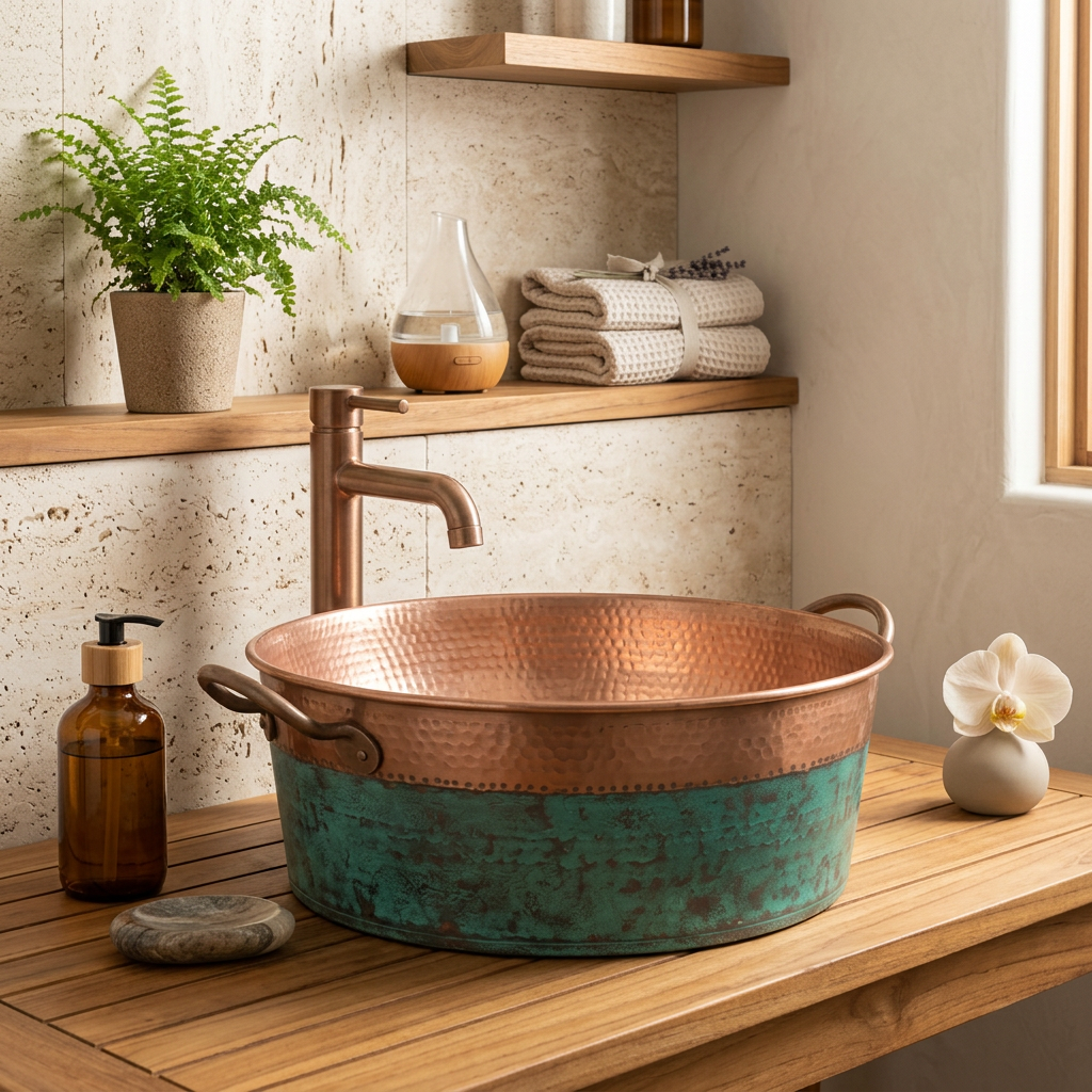 Handcrafted Copper Vessel Sink with Handles – Authentic Moroccan Verdigris Washbasin