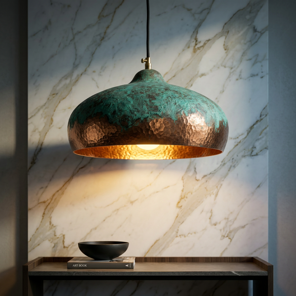 Hammered Copper Pendant Light - Artisan Green Patina Dome