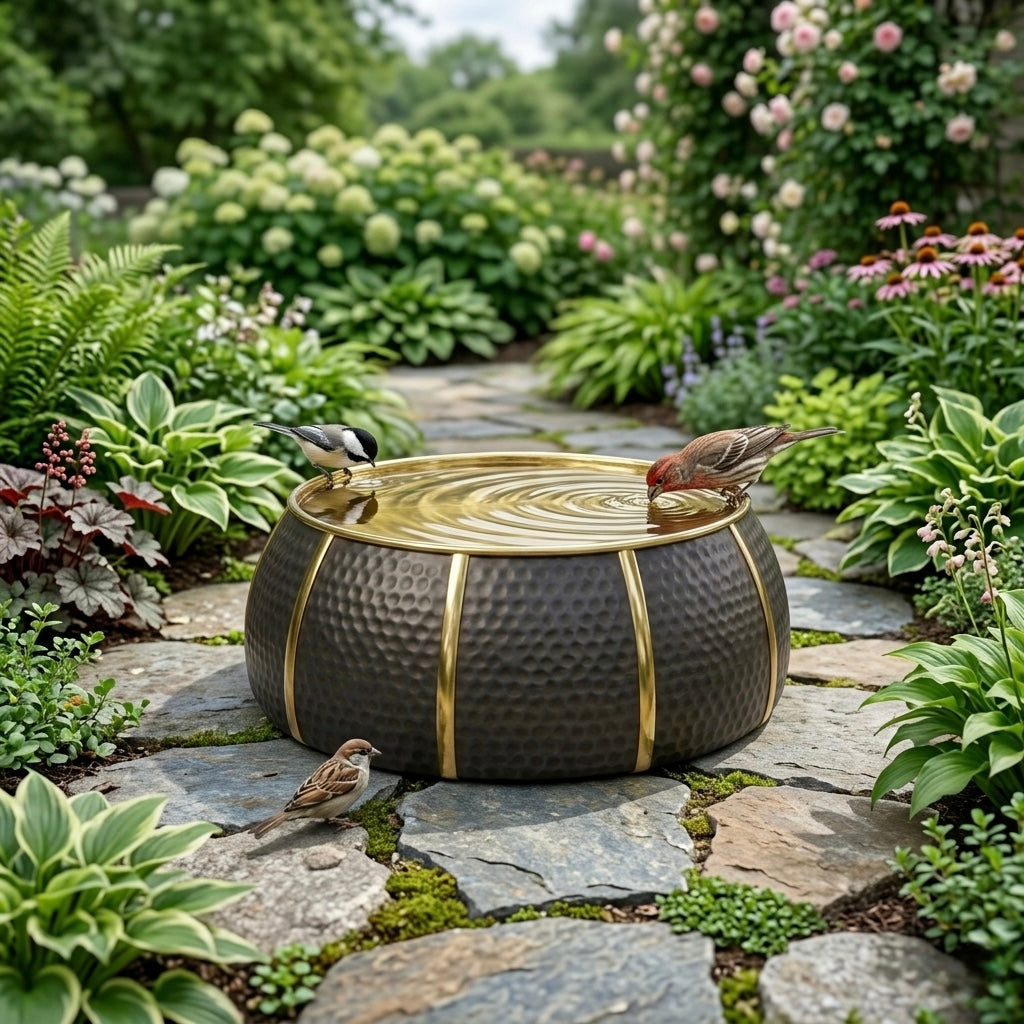 Handcrafted Moroccan Black & Gold Brass Bird Bath – Antique Hammered Garden Basin