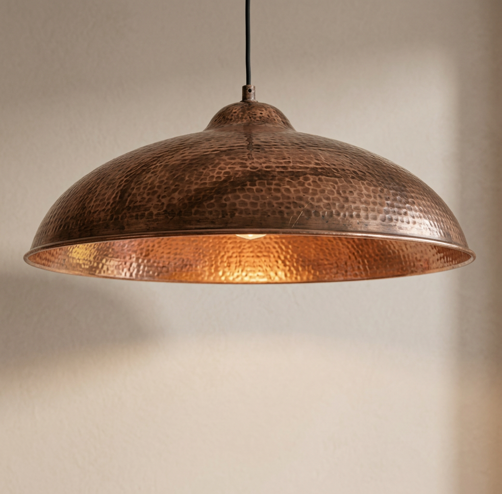 Hammered Copper Flat Pendant Light - Large Artisan Dome Fixture