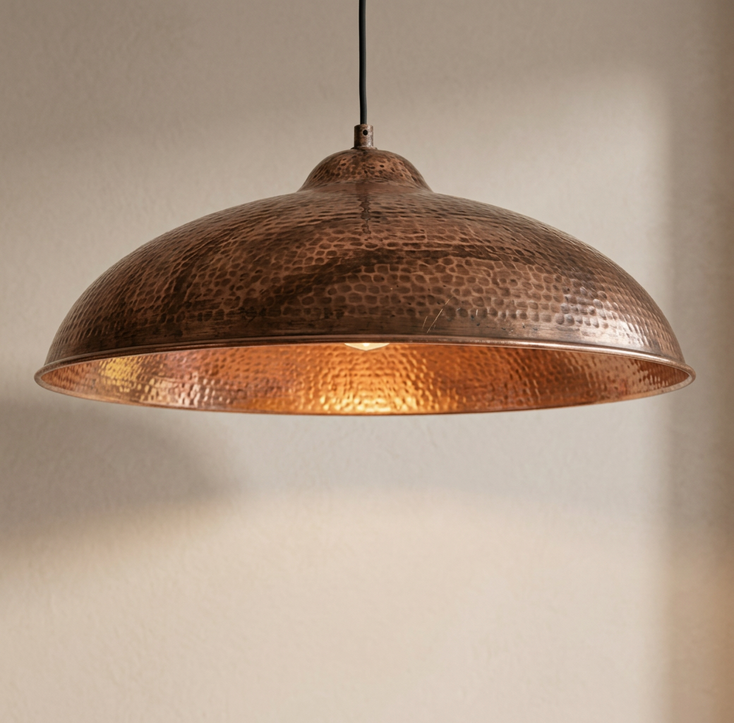 Hammered Copper Flat Pendant Light - Large Artisan Dome Fixture