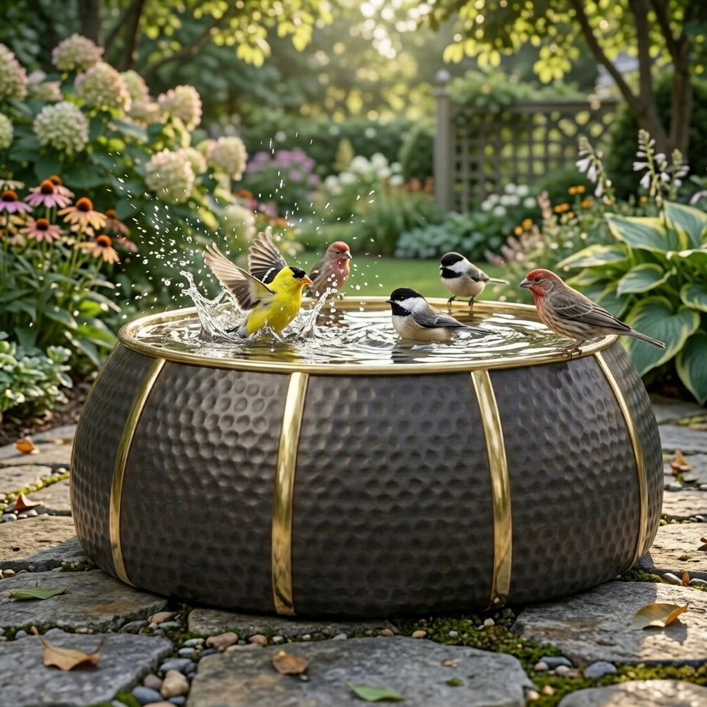Handcrafted Moroccan Black & Gold Brass Bird Bath – Antique Hammered Garden Basin