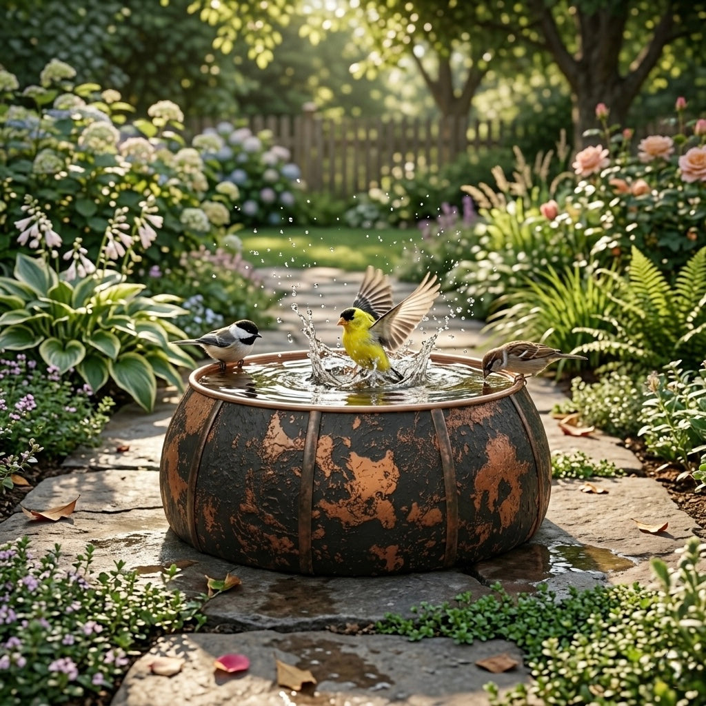 Handcrafted Moroccan Dark Patina Copper Bird Bath – Rustic Ribbed Garden Bird Bath
