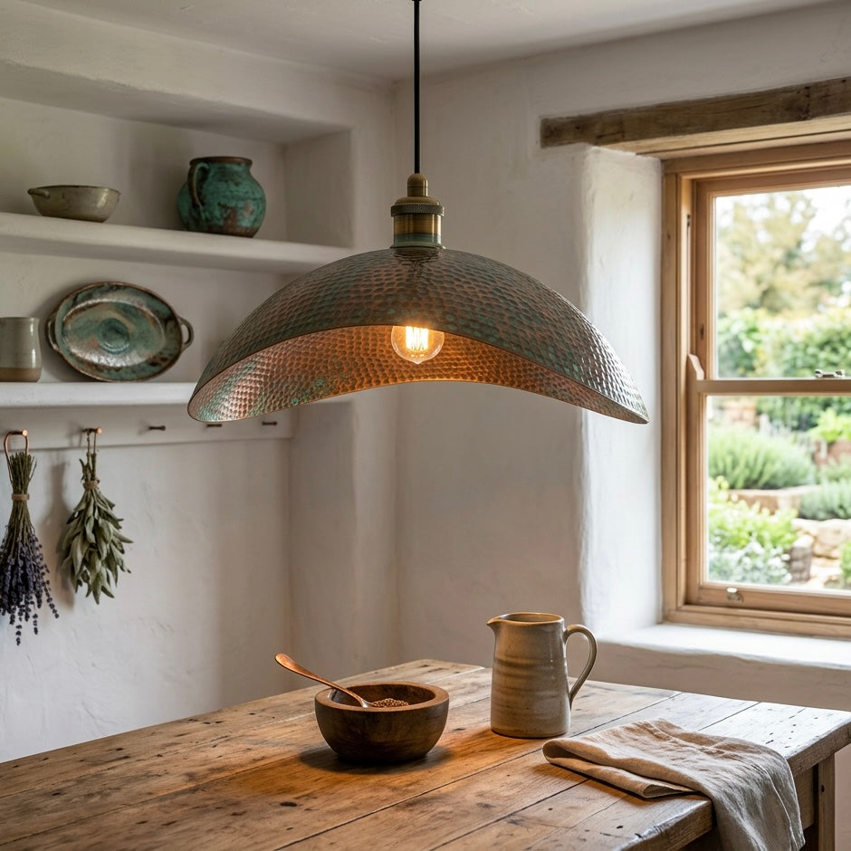 Copper Pendant Light Verdigris Patina – Handcrafted Hammered Dome