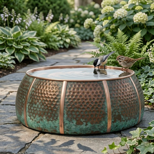 Authentic Handcrafted Moroccan Verdigris Copper Bird Bath – Hammered Round Garden Basin