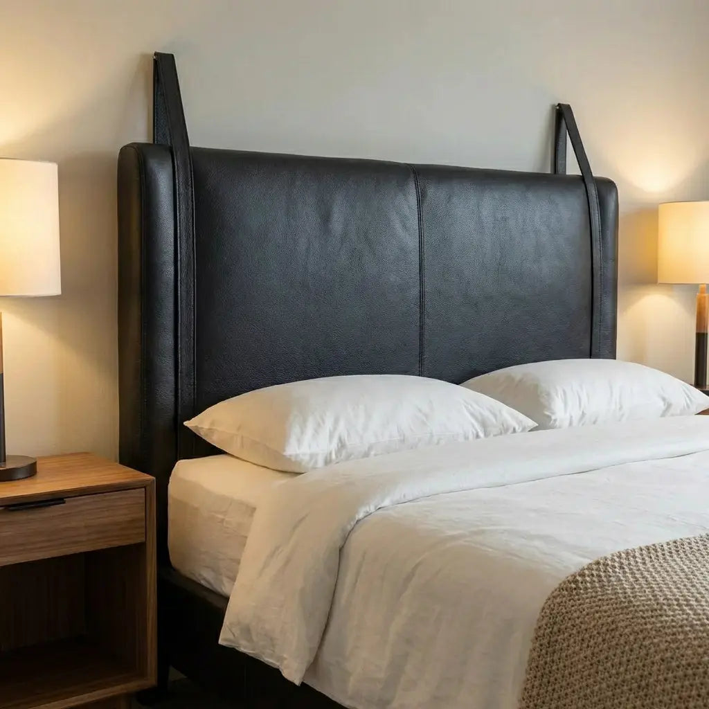 Wall-Mounted Moroccan Leather Headboard Black Handcrafted