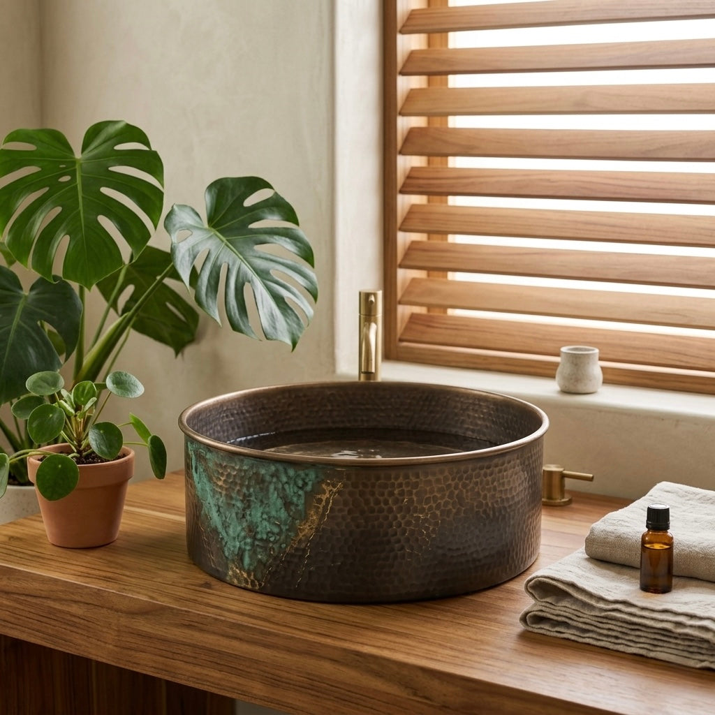 Handcrafted Verdigris Splash Brass Vessel Sink – Authentic Moroccan Antique Washbasin