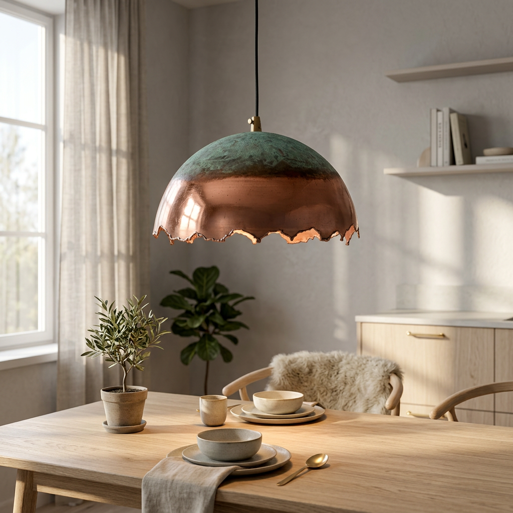 Green Patina Copper Dome Pendant Light - Handcrafted Artisan Lamp