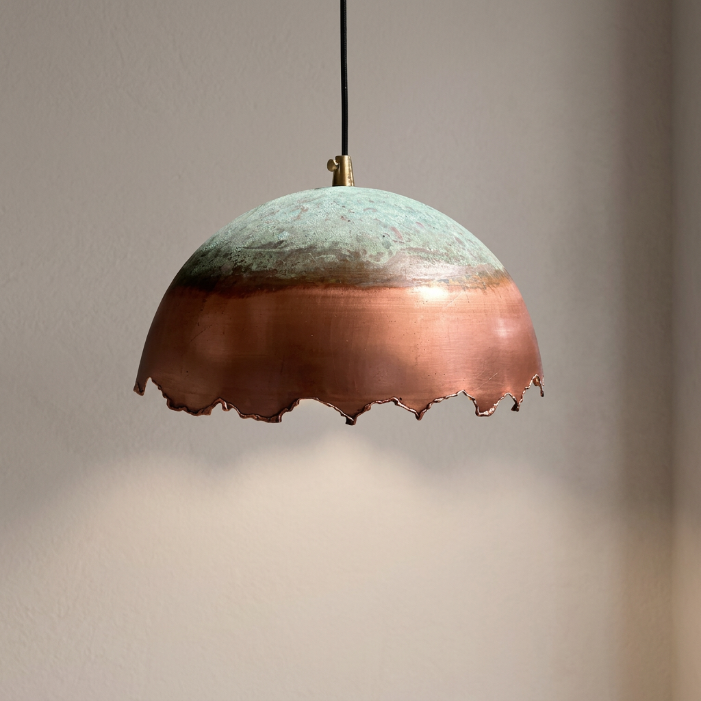 Green Patina Copper Dome Pendant Light - Handcrafted Artisan Lamp
