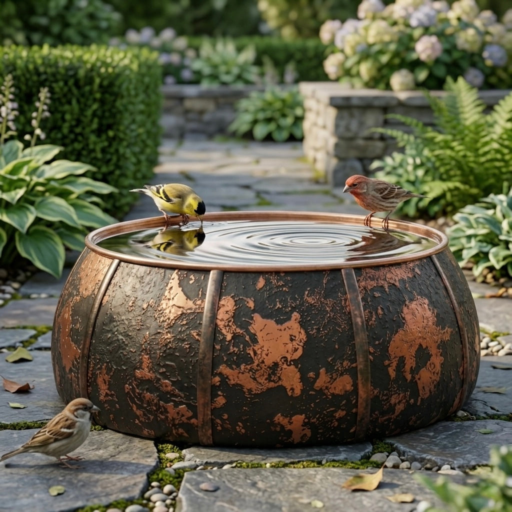 Handcrafted Moroccan Dark Patina Copper Bird Bath – Rustic Ribbed Garden Bird Bath