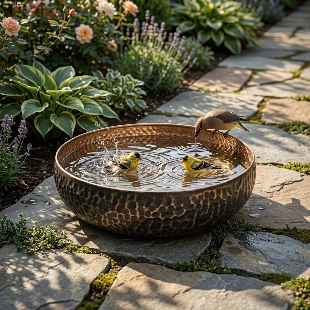 Handcrafted Antique Hammered Copper Bird Bath – Authentic Moroccan Garden Basin