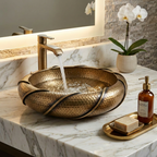 Handcrafted Braided Rim Brass Vessel Sink – Authentic Moroccan Antique Washbasin