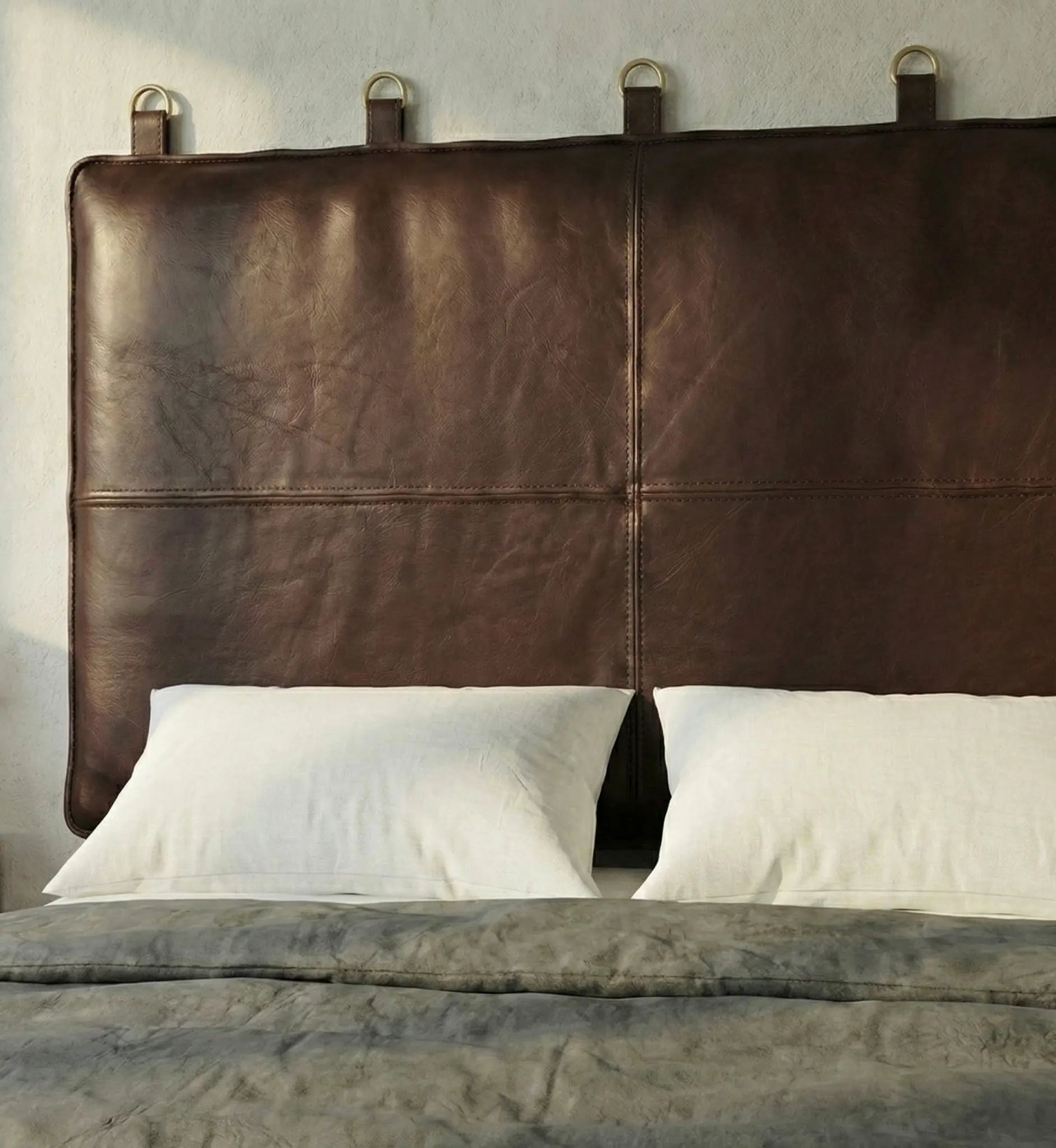 Moroccan Leather Headboard - Authentic Handcrafted Dark Brown Panel