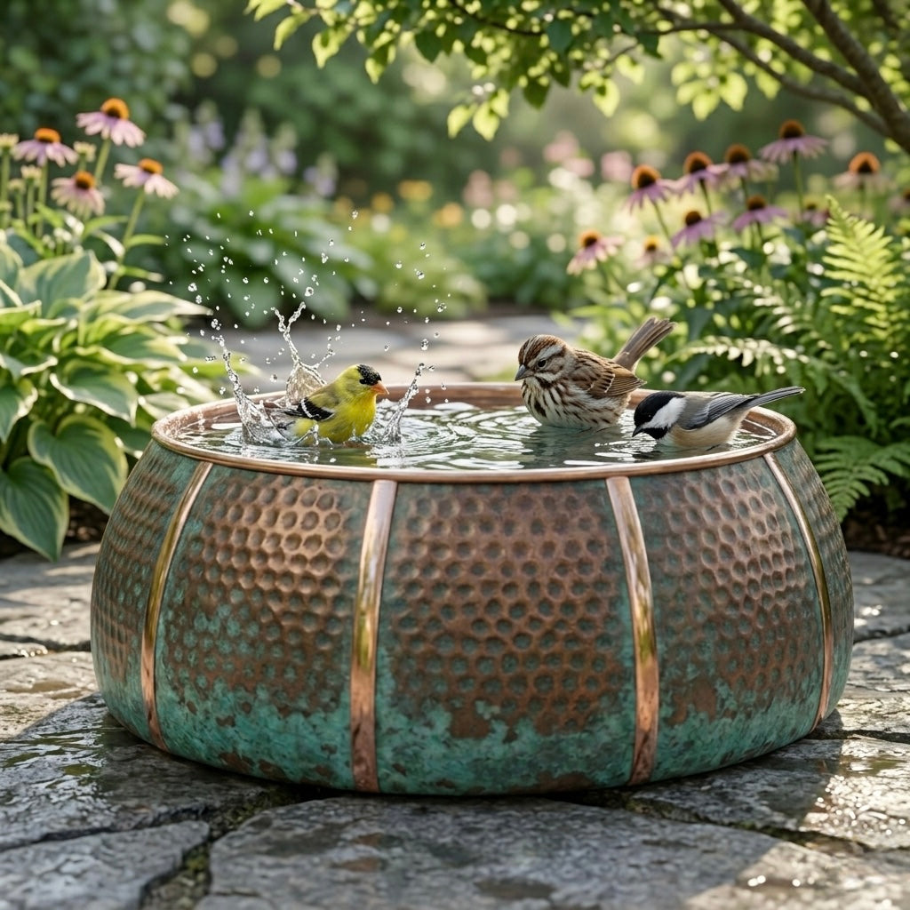 Authentic Handcrafted Moroccan Verdigris Copper Bird Bath – Hammered Round Garden Basin