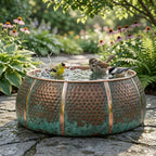 Authentic Handcrafted Moroccan Verdigris Copper Bird Bath – Hammered Round Garden Basin