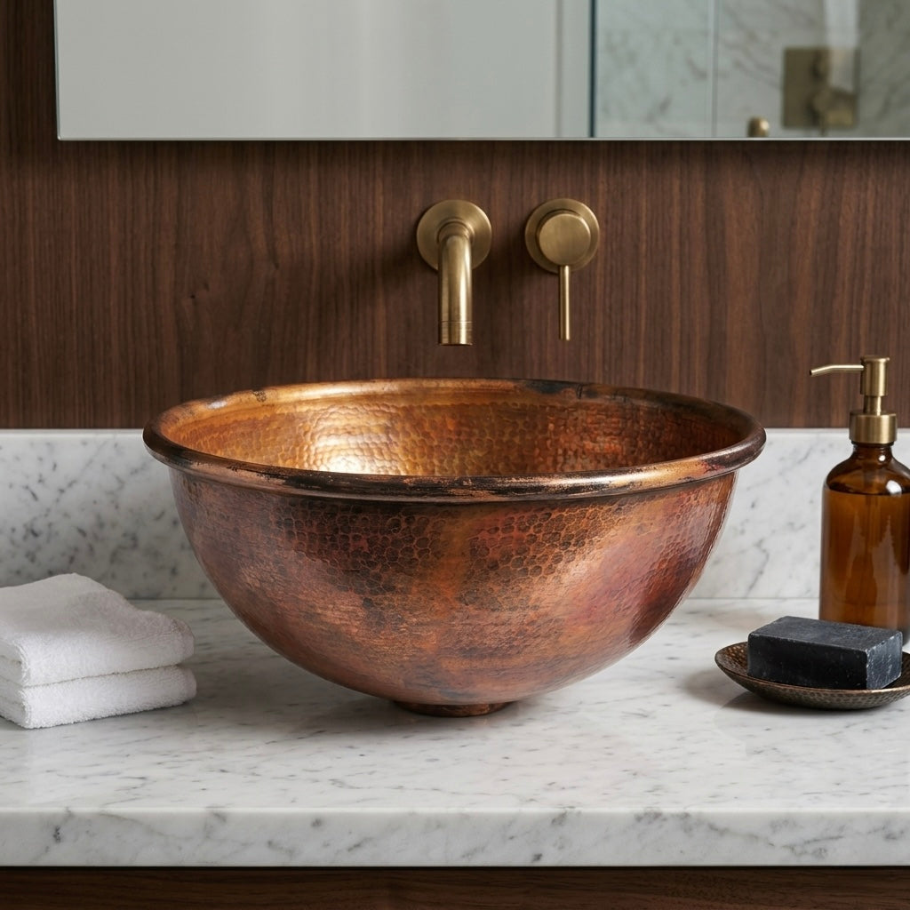 Handcrafted Fire-Distressed Copper Vessel Sink – Authentic Moroccan Antique Washbasin
