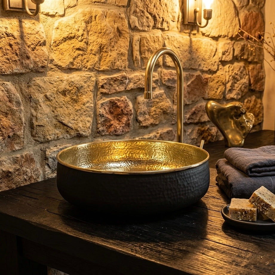 Handcrafted Hammered Brass Vessel Sink – Authentic Moroccan Dual-Tone Washbasin