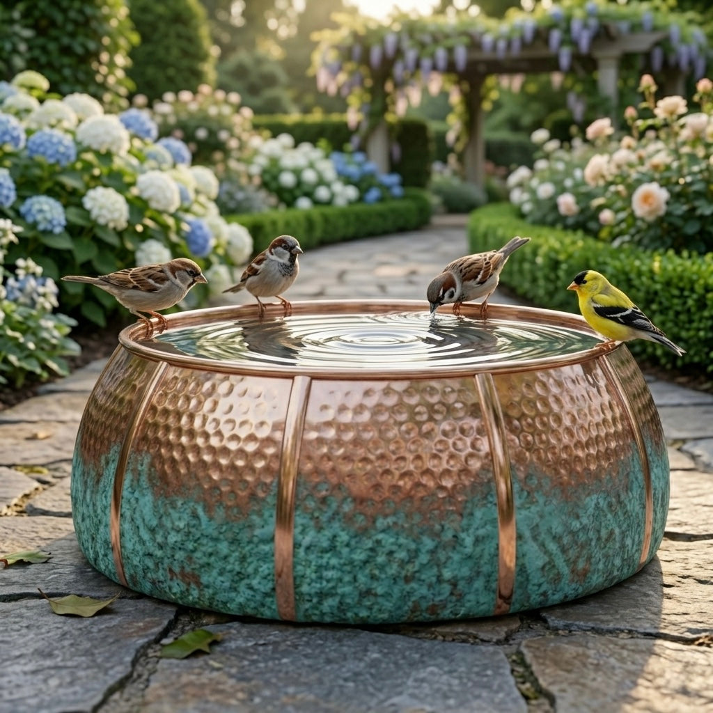 Authentic Handcrafted Moroccan Two-Tone Copper Bird Bath – Hammered Garden Basin