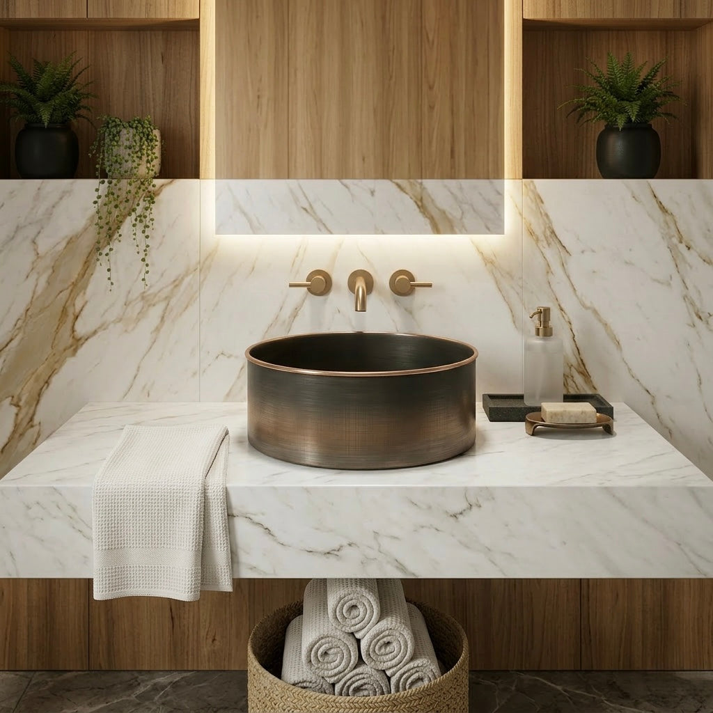 Handcrafted Brushed Antique Brass Vessel Sink – Authentic Moroccan Industrial Washbasin