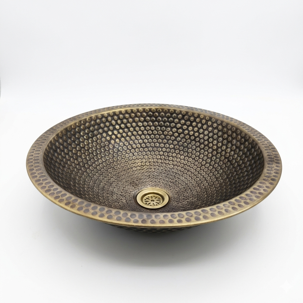 Handcrafted Antique Dotted Brass Vessel Sink – Authentic Moroccan Aged Washbasin