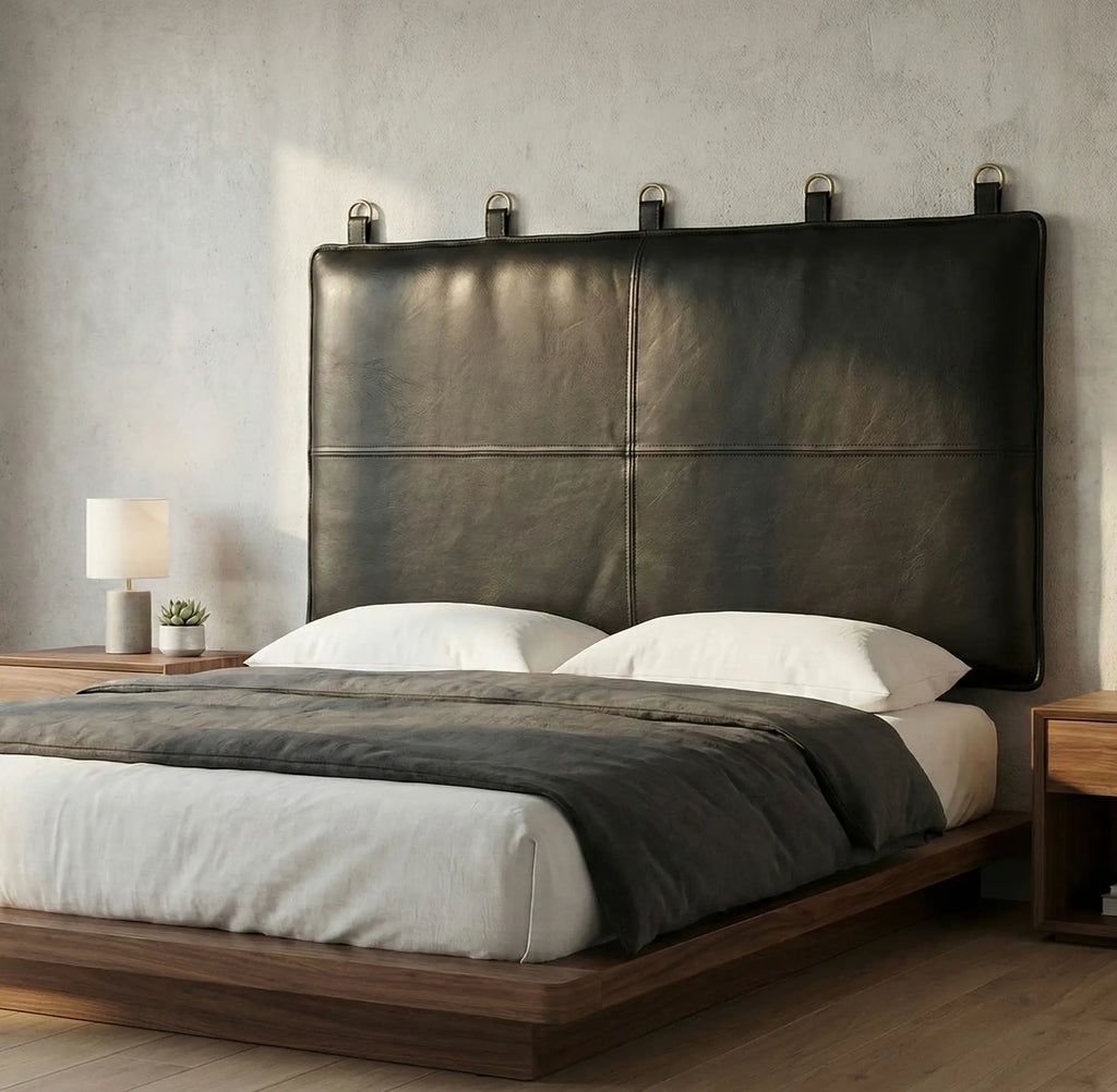 Moroccan Leather Headboard - Authentic Handcrafted Black Panel