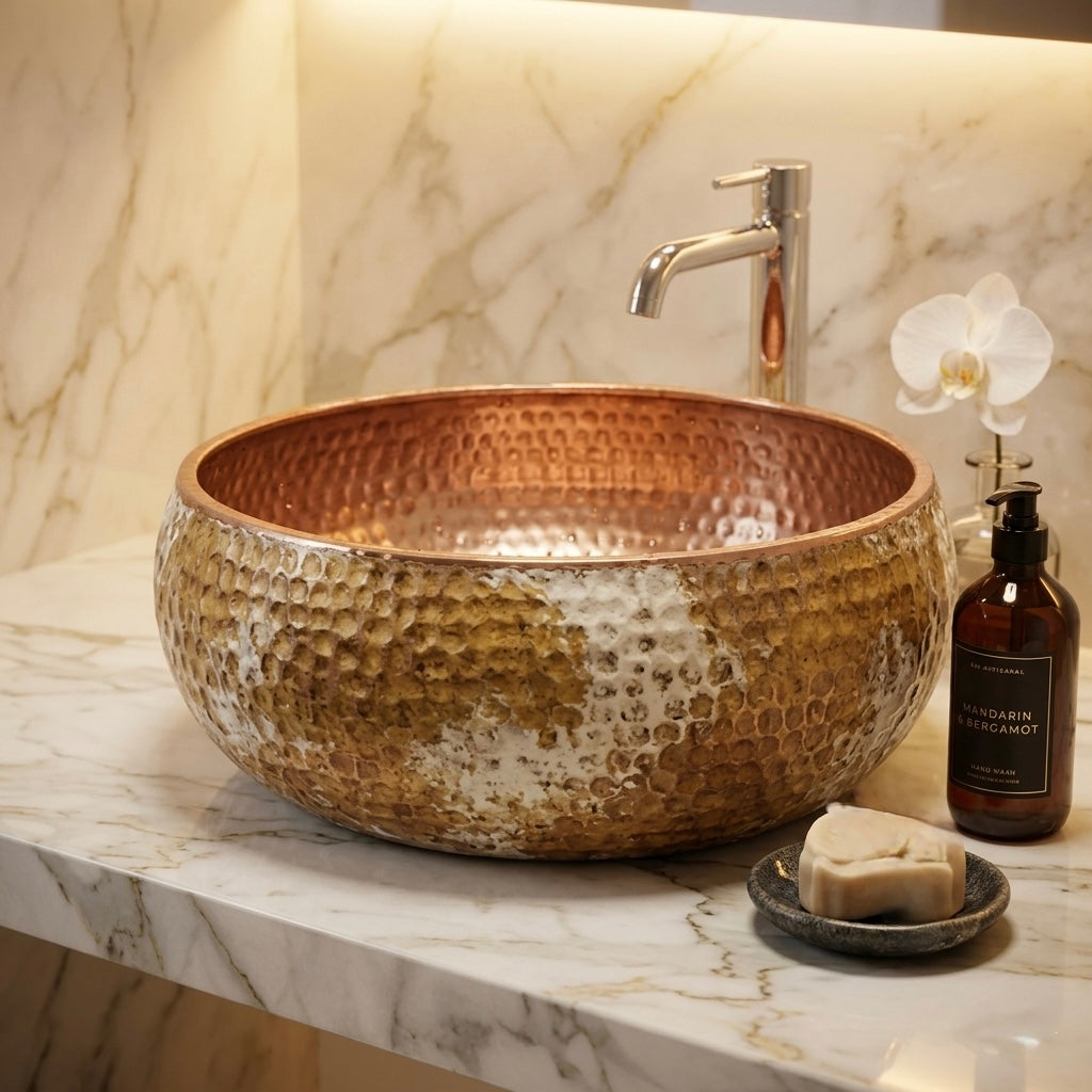 Handcrafted Distressed White & Copper Vessel Sink – Authentic Moroccan Weathered Washbasin