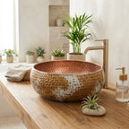 Handcrafted Distressed White & Copper Vessel Sink – Authentic Moroccan Weathered Washbasin