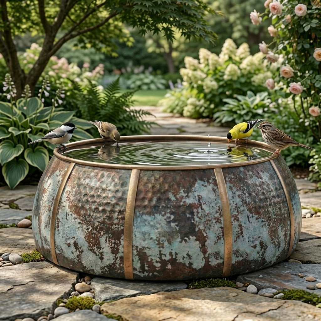 Handcrafted Moroccan Copper Bird Bath – Rustic Antique Verdigris Garden Basin