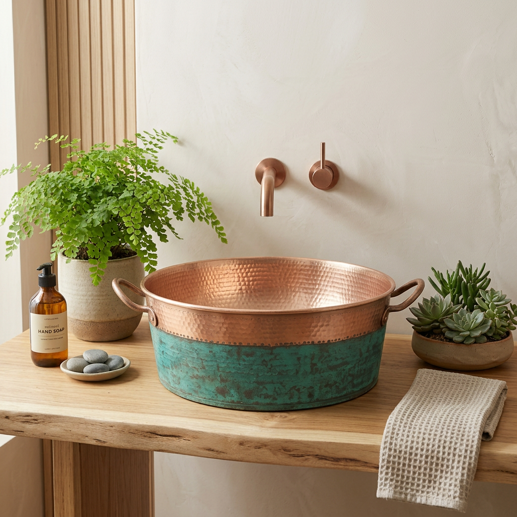 Handcrafted Copper Vessel Sink with Handles – Authentic Moroccan Verdigris Washbasin