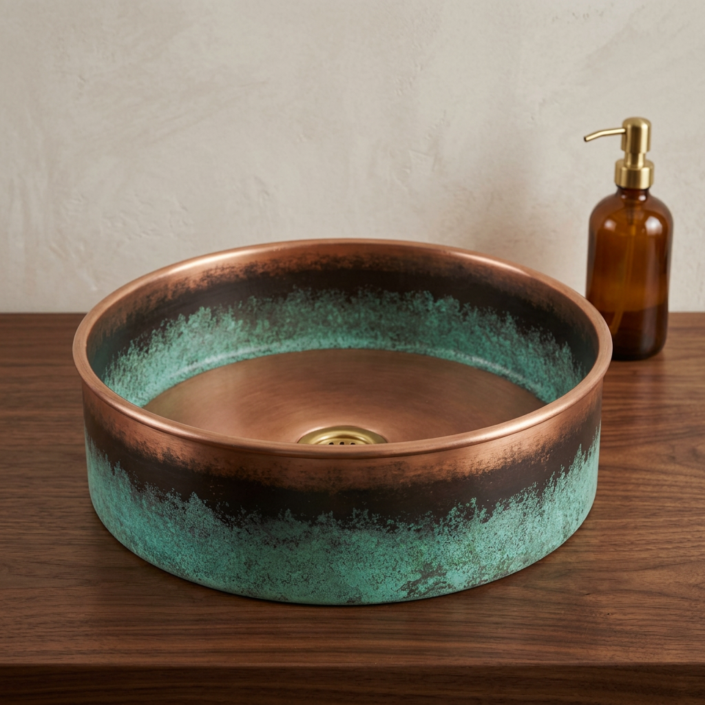 Handcrafted Verdigris Copper Vessel Sink – Authentic Moroccan Weathered Basin