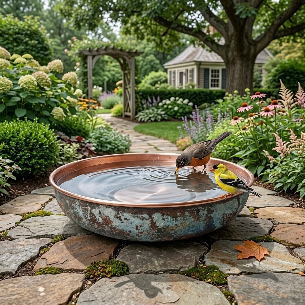 Handcrafted Verdigris Copper Bird Bath – Authentic Moroccan Garden Basin