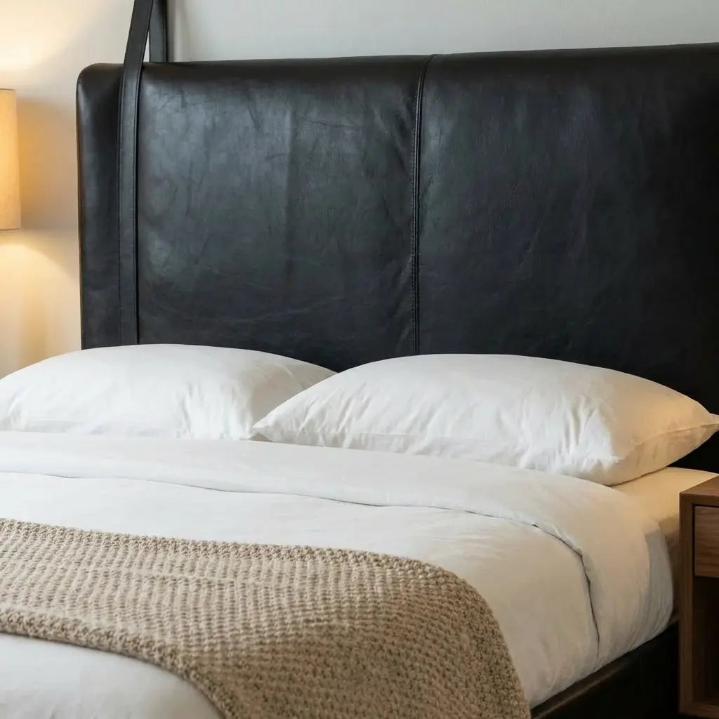 Wall-Mounted Moroccan Leather Headboard Black Handcrafted