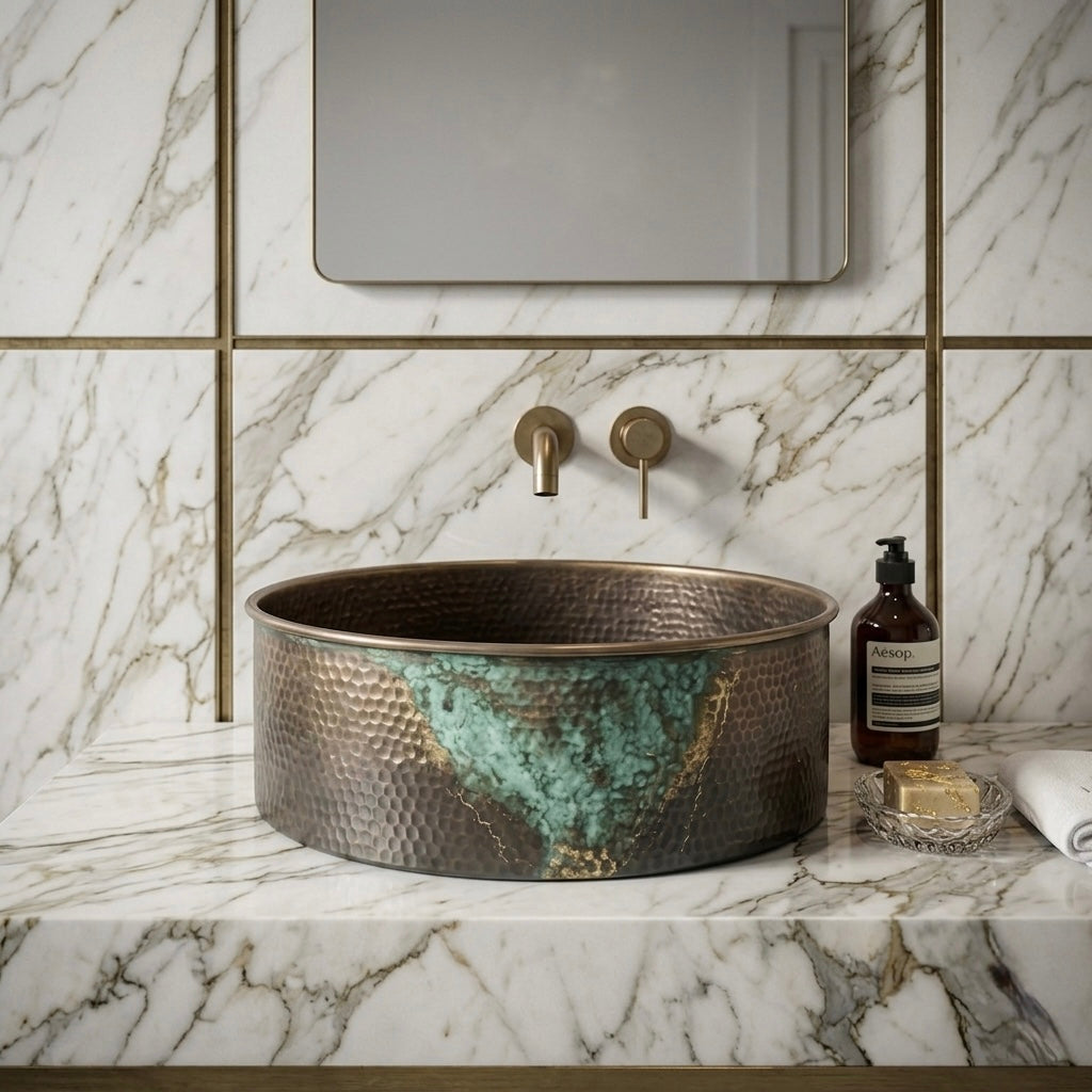 Handcrafted Verdigris Splash Brass Vessel Sink – Authentic Moroccan Antique Washbasin