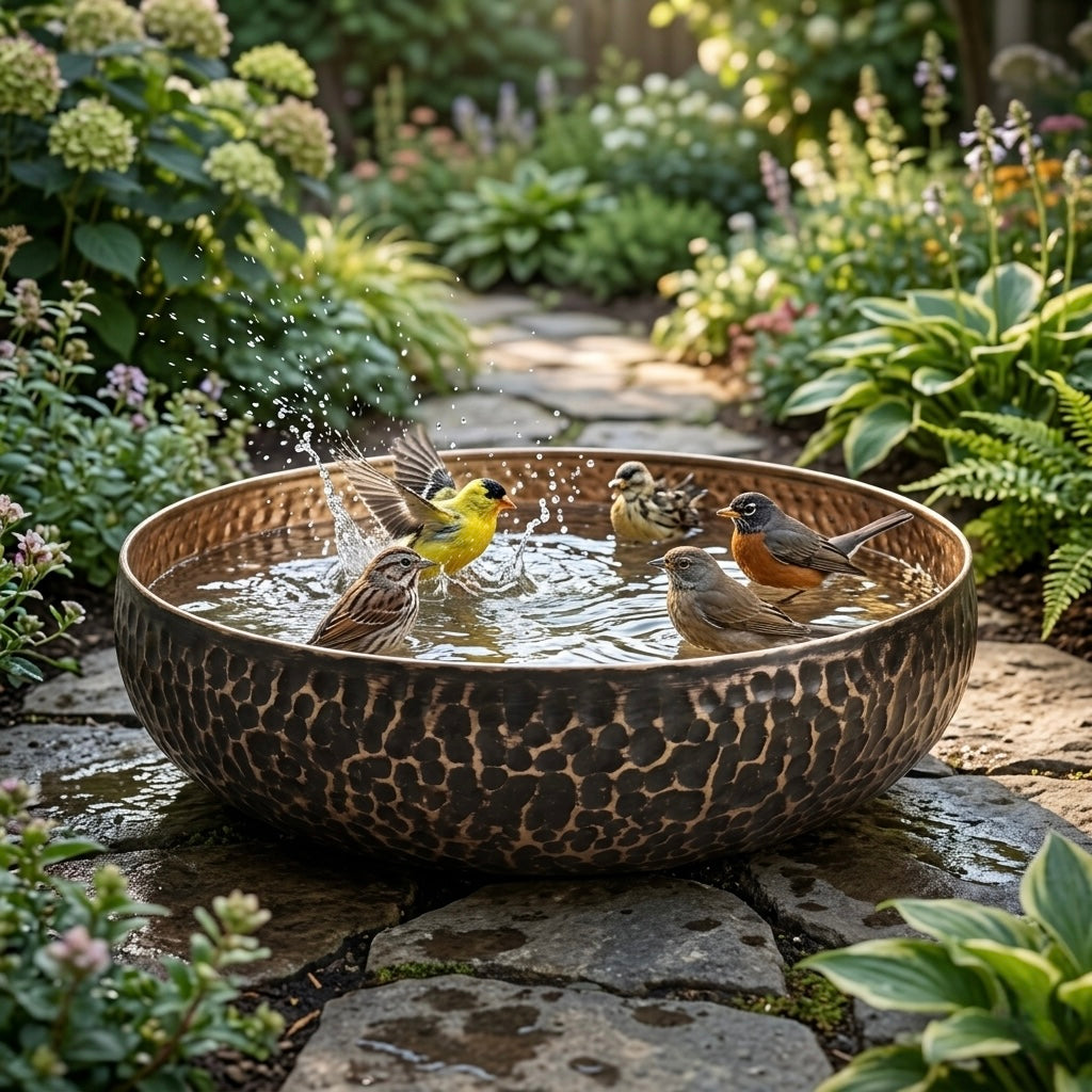 Handcrafted Antique Hammered Copper Bird Bath – Authentic Moroccan Garden Basin