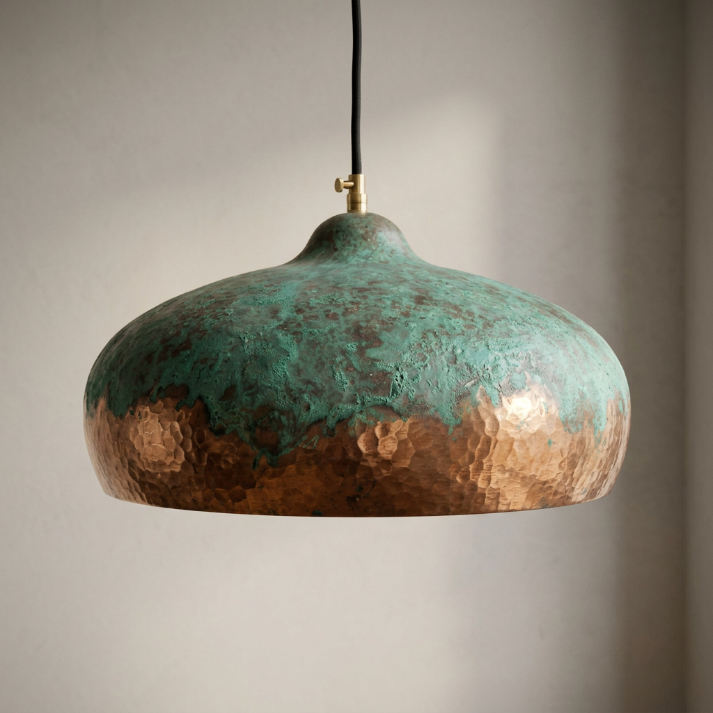 Hammered Copper Pendant Light - Artisan Green Patina Dome