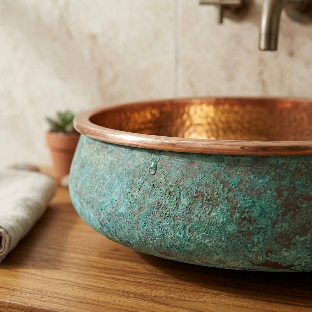 Handcrafted Verdigris Copper Vessel Sink – Authentic Moroccan Dual-Tone Washbasin