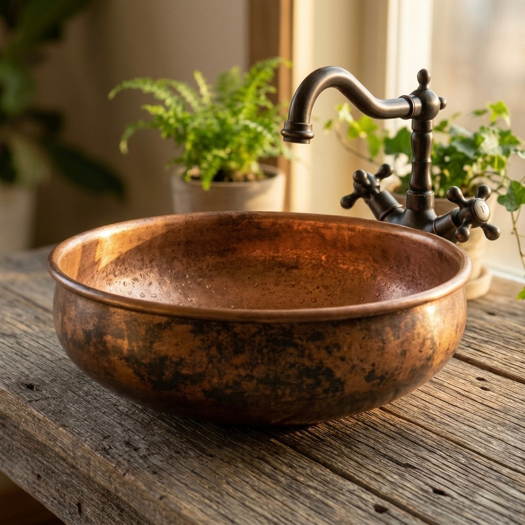 Handcrafted Antique Copper Vessel Sink – Authentic Moroccan Weathered Washbasin