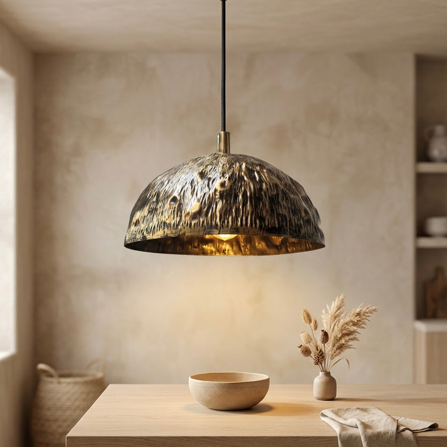 Handmade Patina Brass Dome Pendant Light - Moroccan Artisan Lamp
