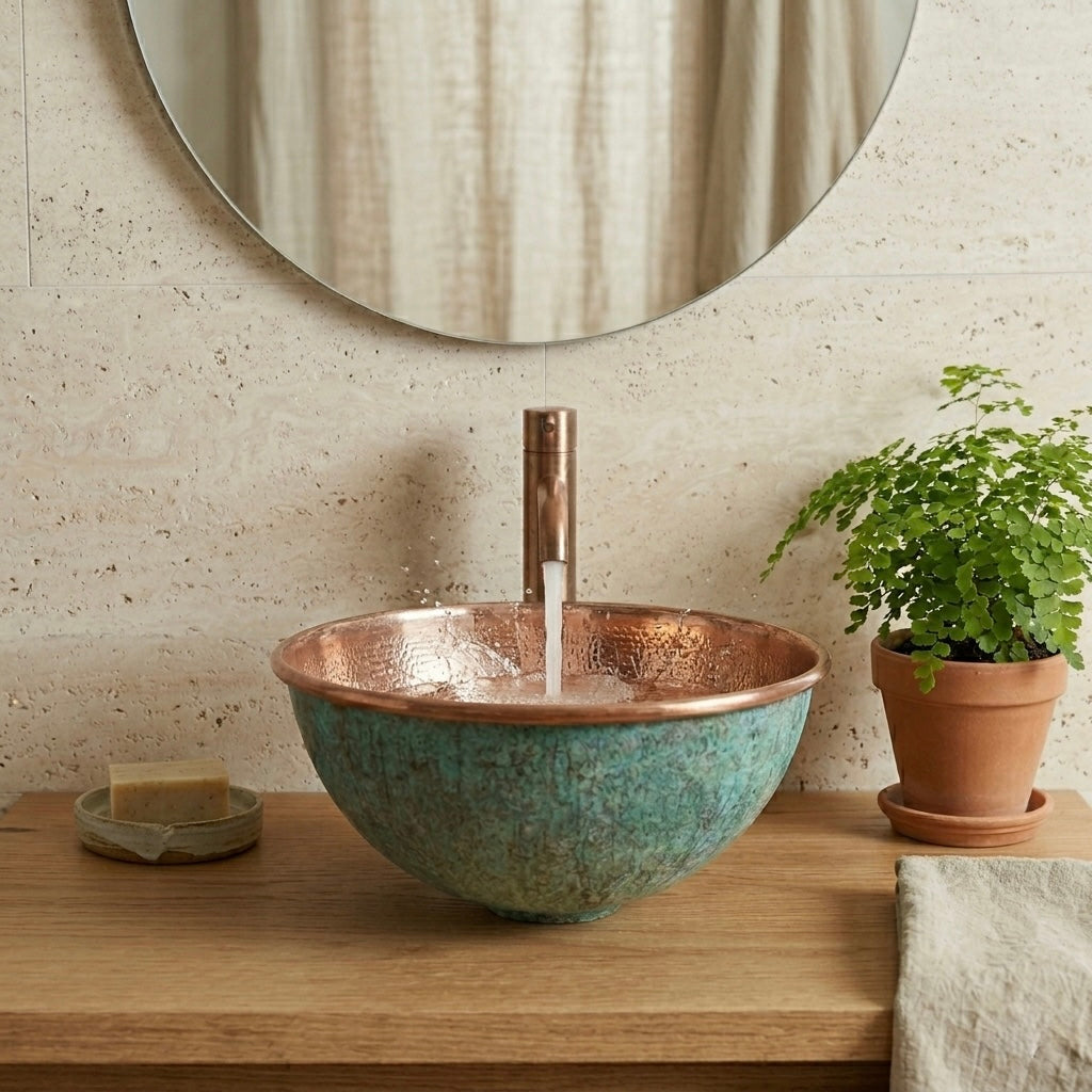 Handcrafted Verdigris Copper Vessel Sink – Authentic Moroccan Dual-Tone Bowl Basin