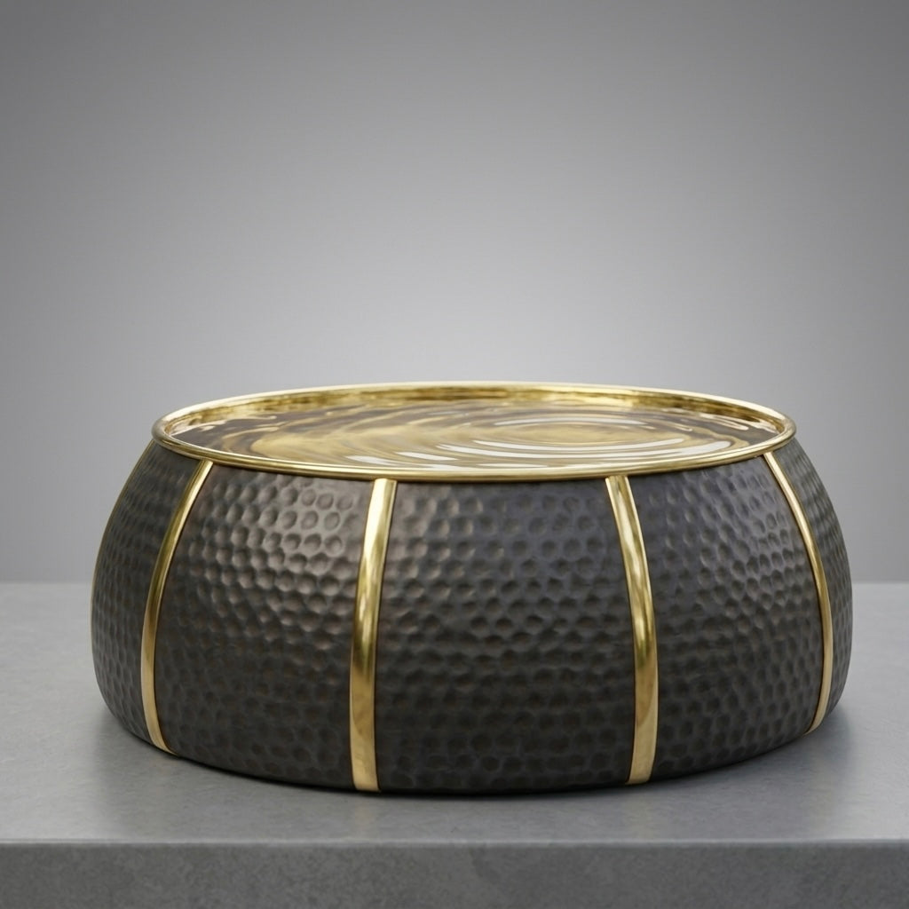 Handcrafted Moroccan Black & Gold Brass Bird Bath – Antique Hammered Garden Basin